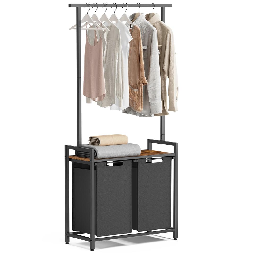 VASAGLELaundry Sorter, Laundry Hamper 2 Section with Clothes Rack, Pull-Out and Removable Laundry Basket with Shelf, 28.7 x 13 x 69.7 Inches, Rustic Brown and Black UBLH241B01