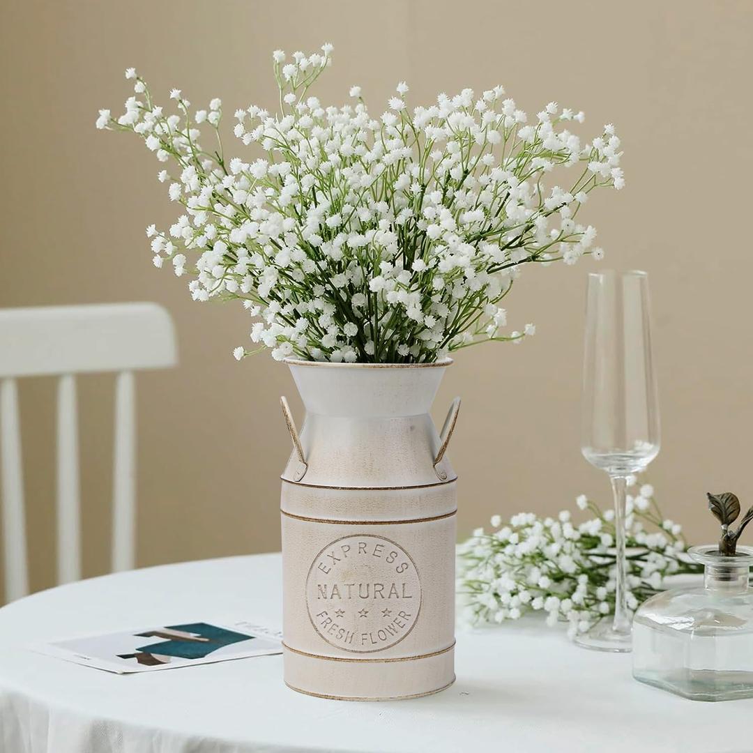 Sturdy Rustic Shabby Chic Milk Can Vase,Thickened Metal Farmhouse Decor,Galvanized Flower Vase for Home,French White Pitcher Vase,Milk Jug Vase,Living Room, Bedroom, Kitchen, Porch, Bathroom