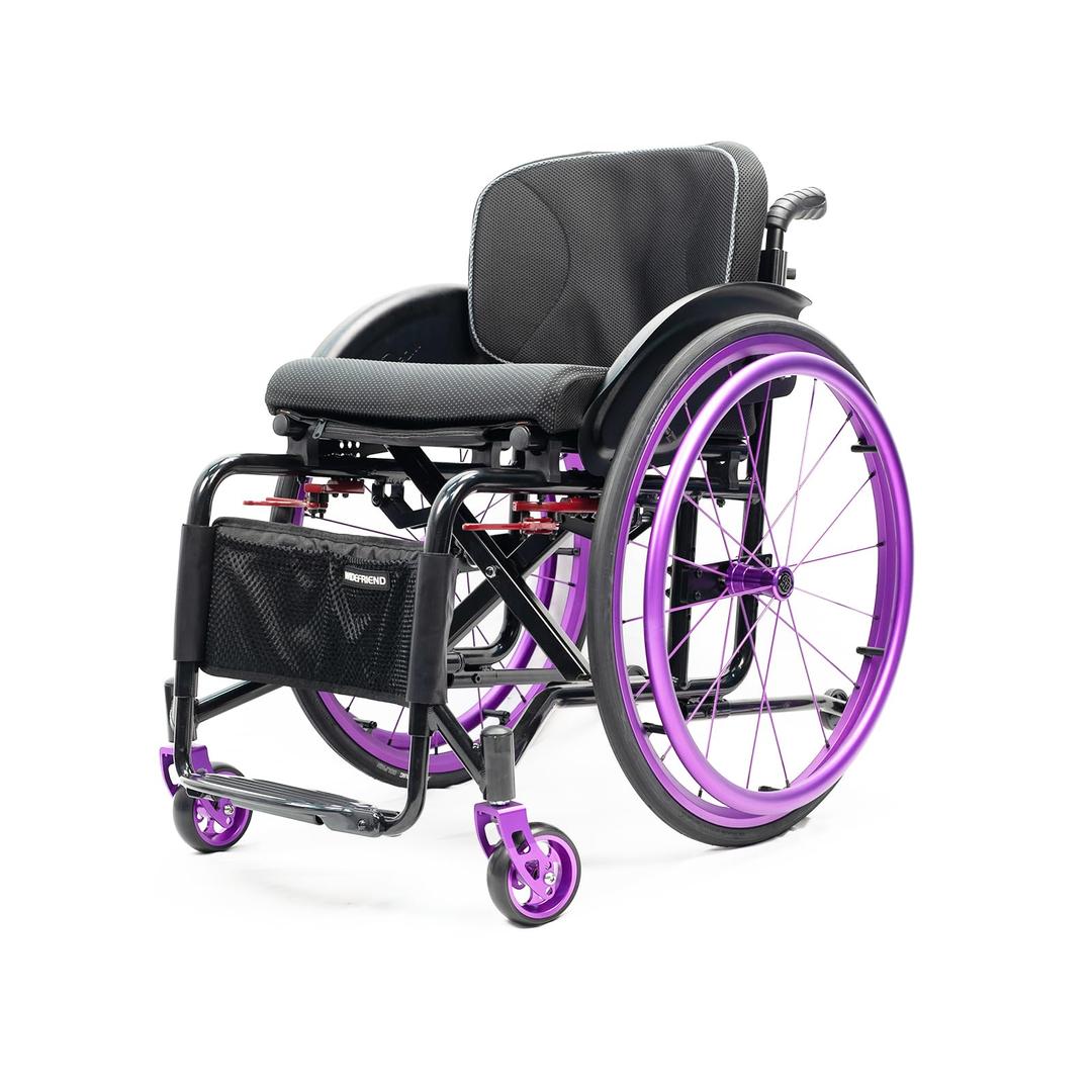 Folding All-Terrain Ultra Lightweight Sports Wheelchair Adjustable Footrest and Seat Height, Handbrakes Quick Release Rear Wheels & Anti-Tip Wheels(Purple)