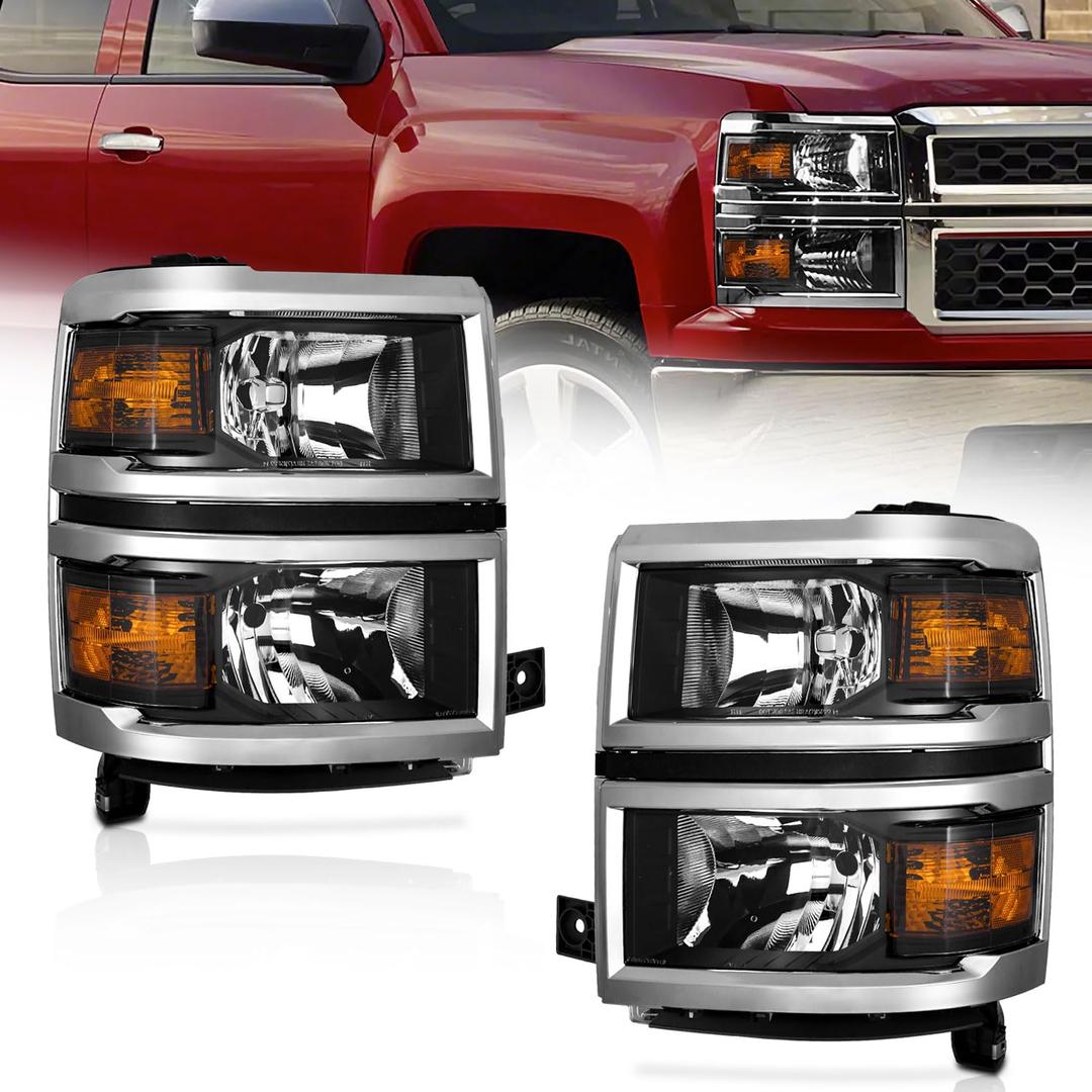 Headlights Pair 2014-2015 for Chevy Silverado 1500,for 14-15 Chevy Silverado 1500 Headlamp Black Housing Amber Reflector Left+Right Side