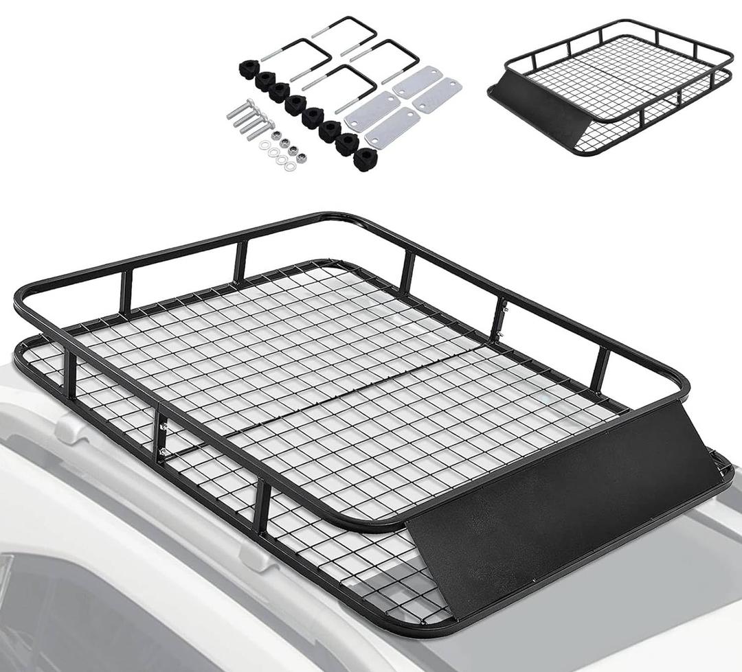 COSTWAY 123x102x14cm Roof Rack Basket, Steel Rooftop Cargo Carrier Tray with Wind Shield and 4 U-shaped Bolts, Universal Car Top Luggage Holder for SUV Truck Cars, 75kg Capacity