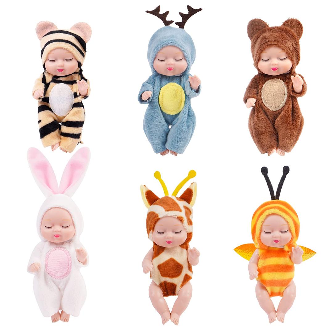 ONEST 6 Sets 4 Inch Dolls Cute Baby Dolls Include 6 Pieces Baby Mini Dolls, 6 Sets Handmade Doll Clothes