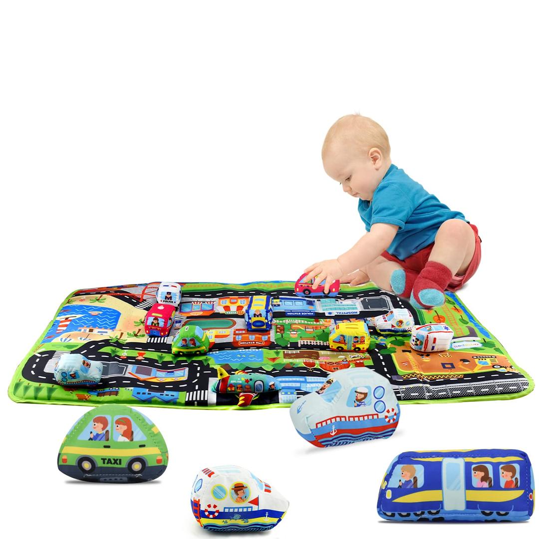 Dr.RapetiSoft Toy Car Set for Babies Infants Toddlers Kids 1 Oversize Play Mat 10 Soft Toy Cars 47x30inches Washable Non-Toxic