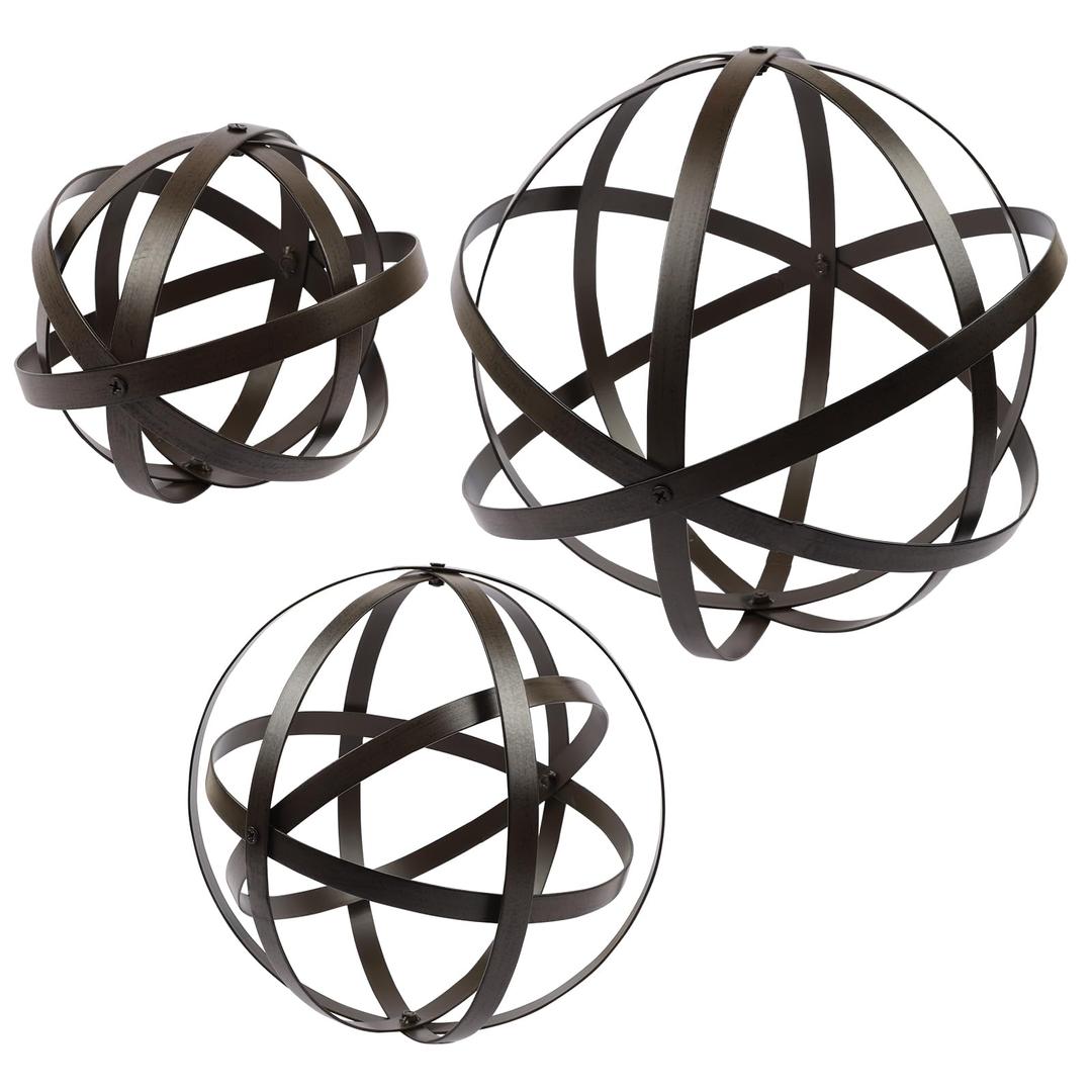 Garden Spheres Balls，3 PCS Metal Garden Spheres，Garden Decor Balls Metal Band Decorative Sphere for Indoor and Outdoor Decorations(Rusty)