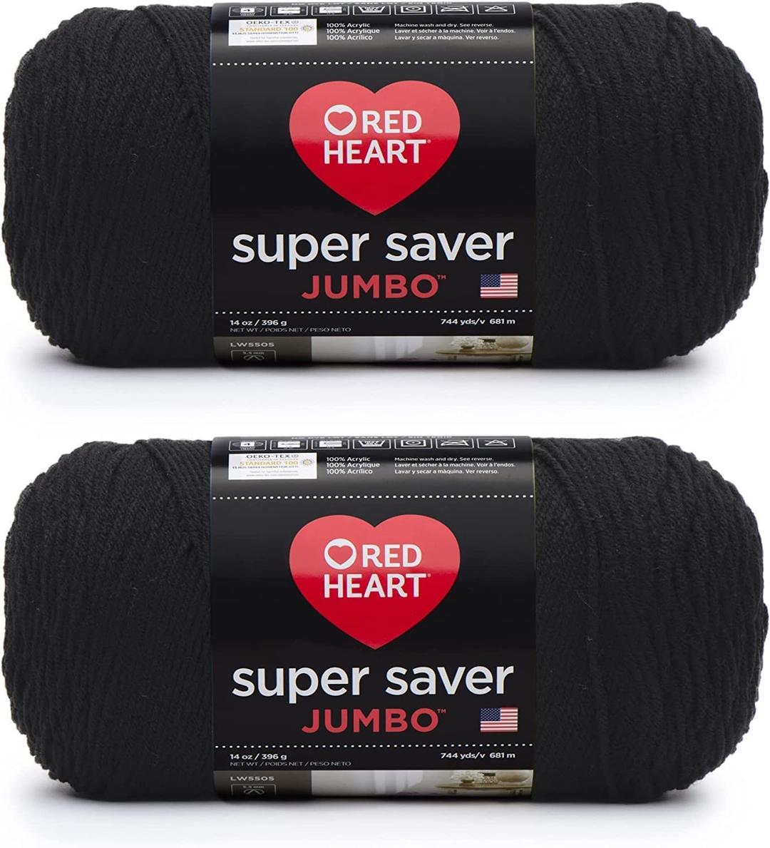 Red Heart Super Saver Jumbo Black Yarn - 2 Pack of 396g/14oz - Acrylic - 4 Medium (Worsted) - 744 Yards - Knitting/Crochet