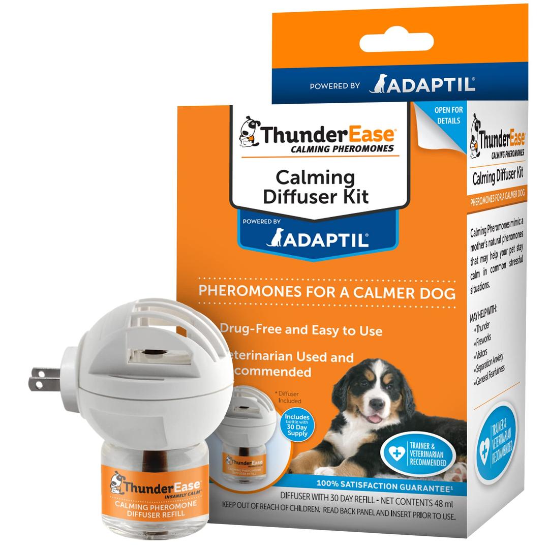 ThunderEaseDog Calming Pheromone Diffuser Kit | Powered by ADAPTIL | Vet Recommended to Relieve Separation Anxiety, Stress Barking & Chewing, and Fear of Fireworks & Thunderstorms (30 Day Supply)