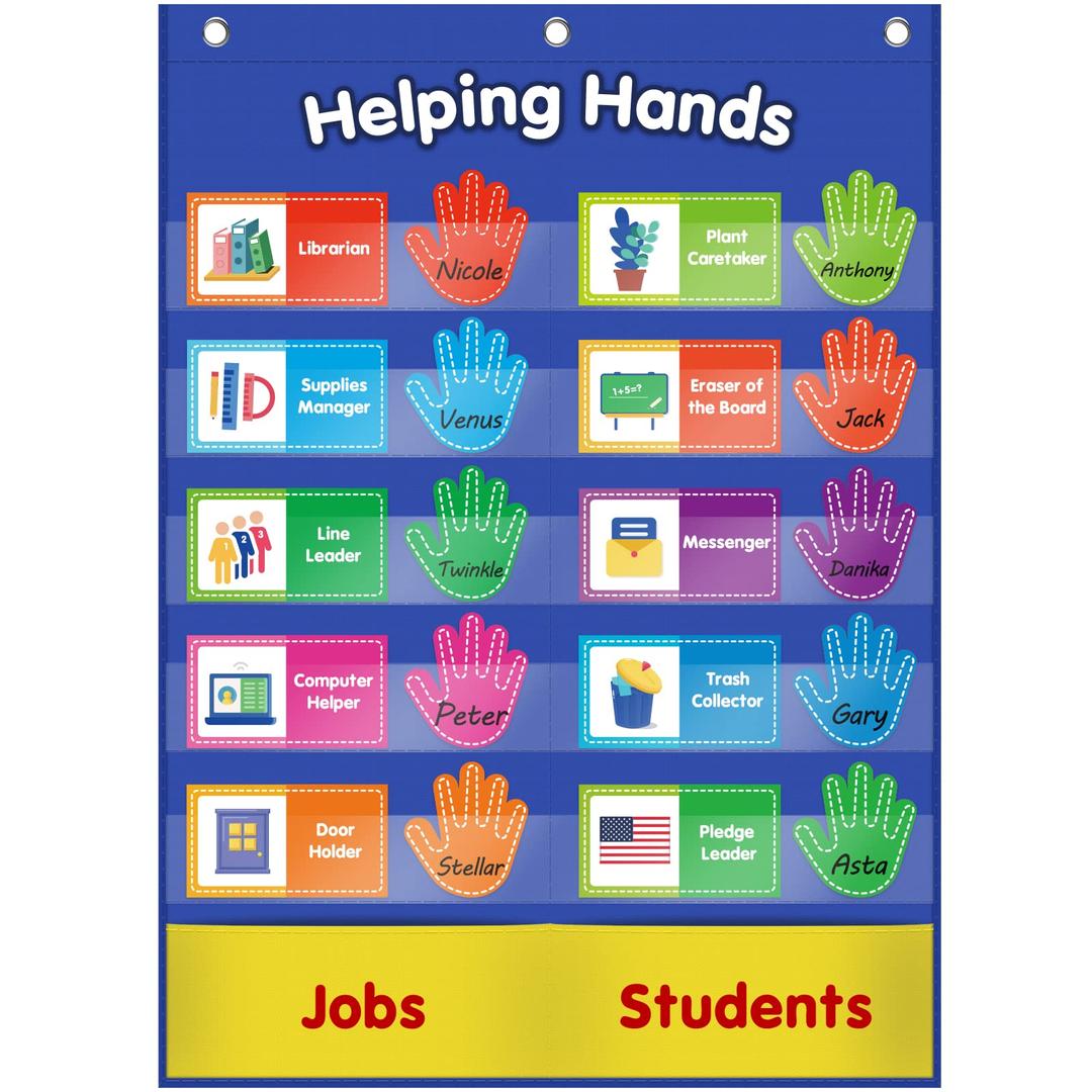 abcxgoodHelping Hands Pocket Chart,Classroom Jobs and Management Pocket Chart, Preschool Classroom Must Haves Supplies, Great for Classroom Homeschool. (Blue, 29"*20.5")