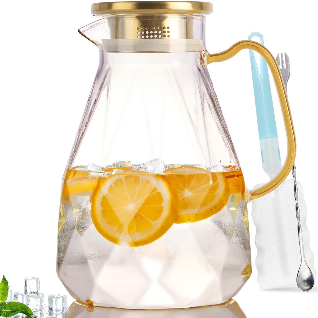 Yirilan Glass Pitcher, 2.2 Liter Water Pitcher With Lid,Iced Tea Pitcher for Fridge,Glass Water Carafe With Lid, Glass Water Jug,Large Drink Pitcher For Juice, Milk, Cold Or Hot Beverages, 2 Quart