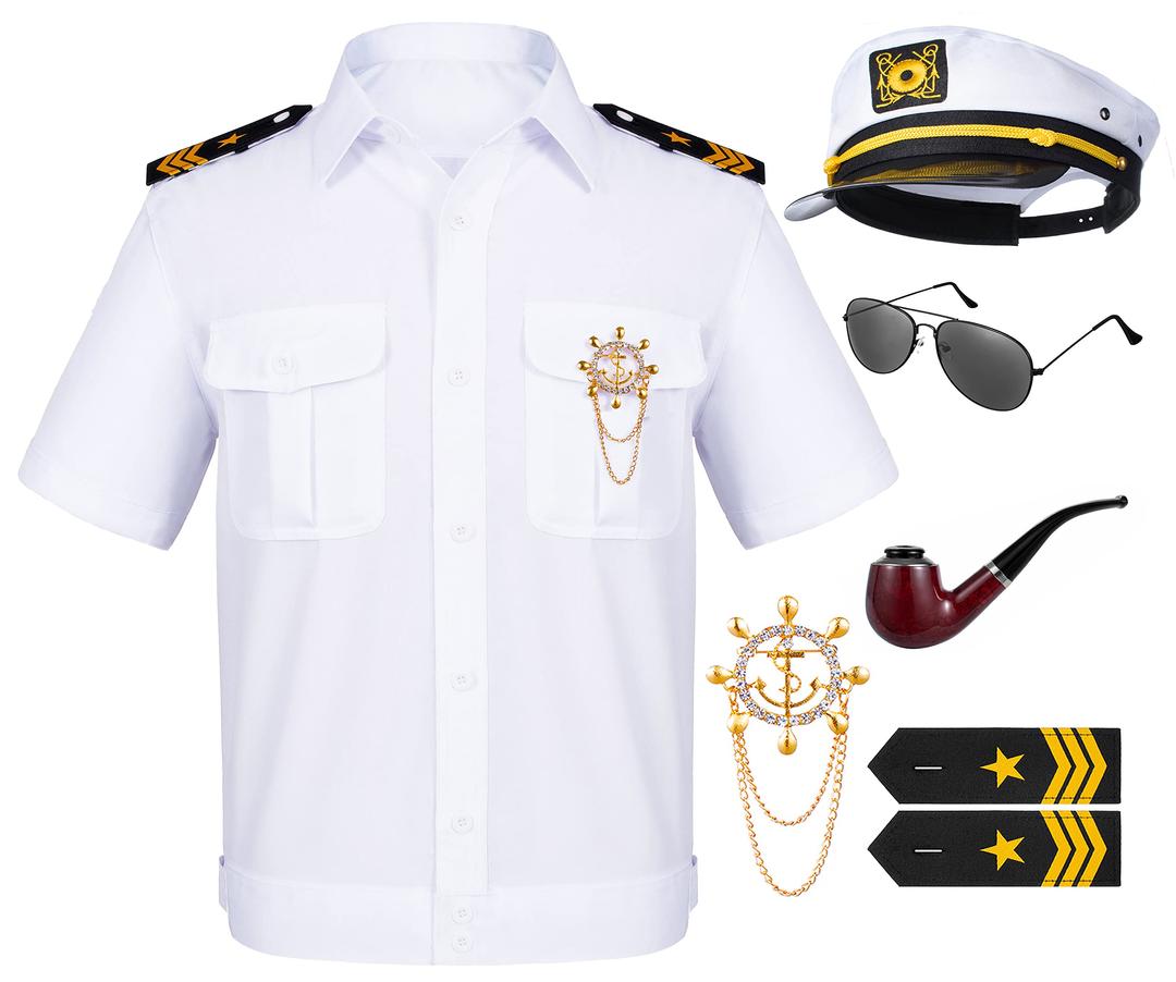 TOGROP 6PCS Men's Yacht Captain Sailor Costume Adult Jacket Hat Accessories Set Party Cosplay