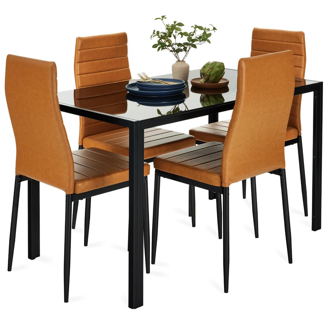 Best Choice Products 5-Piece Glass Dining Set, Modern Kitchen Table Furniture for Dining Room, Dinette, Compact Space-Saving w/Glass Tabletop, 4 Upholstered PU Chairs, Metal Steel Frame - Camel/Black