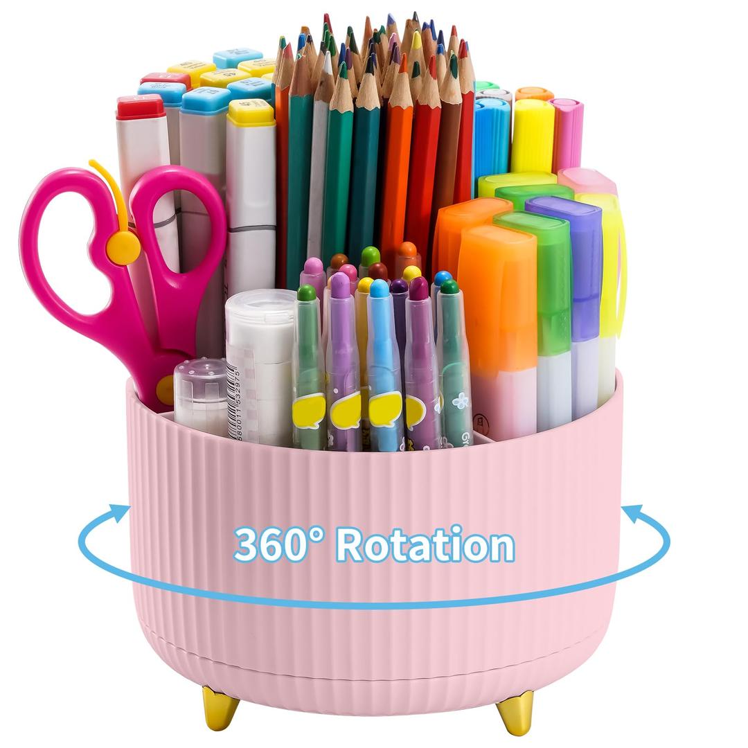 Marbrasse Desk Organizer, 360-Degree Rotating Pen Holder for Desk, Desk Organizers and Accessories with 5 Compartments Pencil Organizer, Art Supply Storage Box Caddy for Office, Home （Pink）