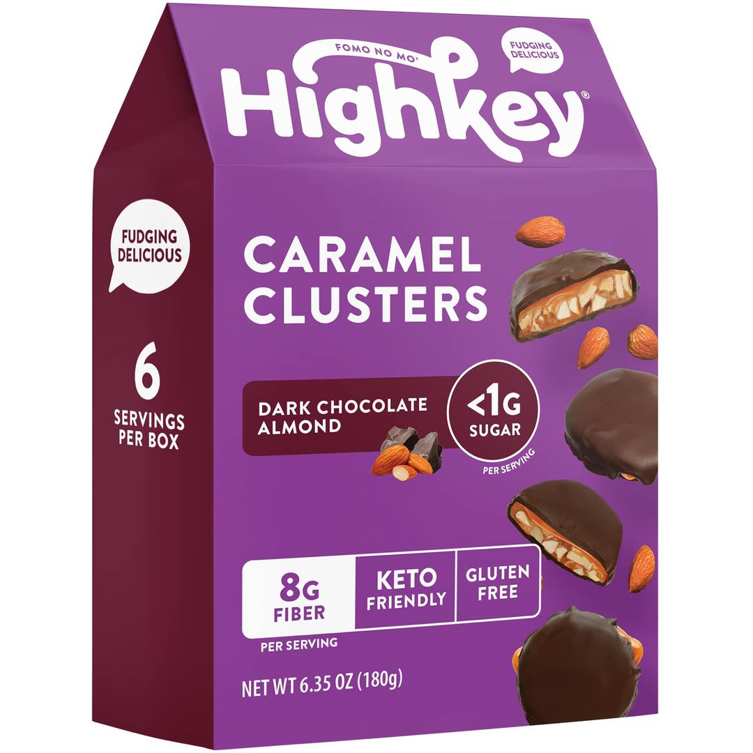 HighKey Sugar Free Chocolate Candies - Keto Snack Dark Chocolate Almond Caramel Nut Clusters Gluten Free Healthy Snacks Low Sugar Candy Bars Diabetic Dessert Turtle High Fiber Diet Friendly Food 6ct