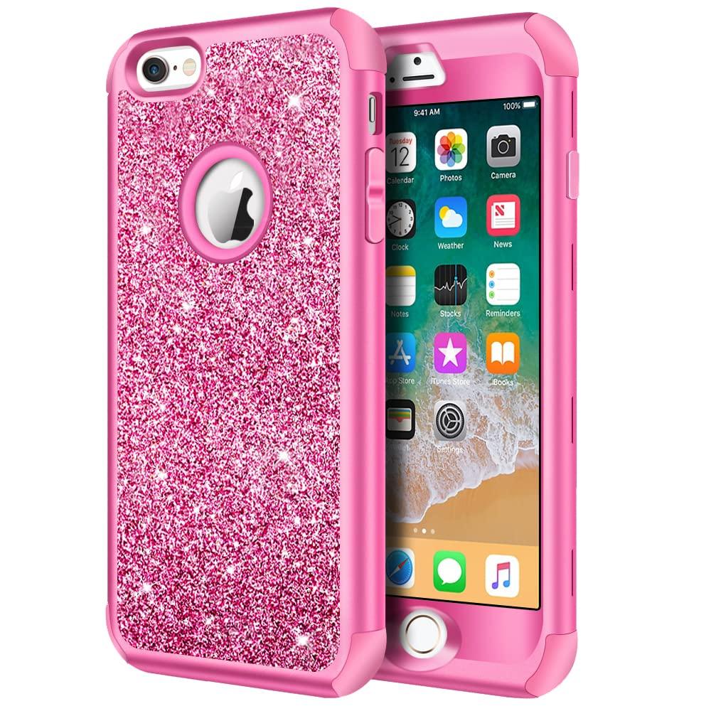 HythonCompatible with iPhone 6/6s Case, Heavy Duty Full-Body Defender Protective Case Bling Glitter Sparkle Hard Shell Hybrid Shockproof Rubber Bumper Cover for iPhone 6 and 6s 4.7-Inch, Rose Red