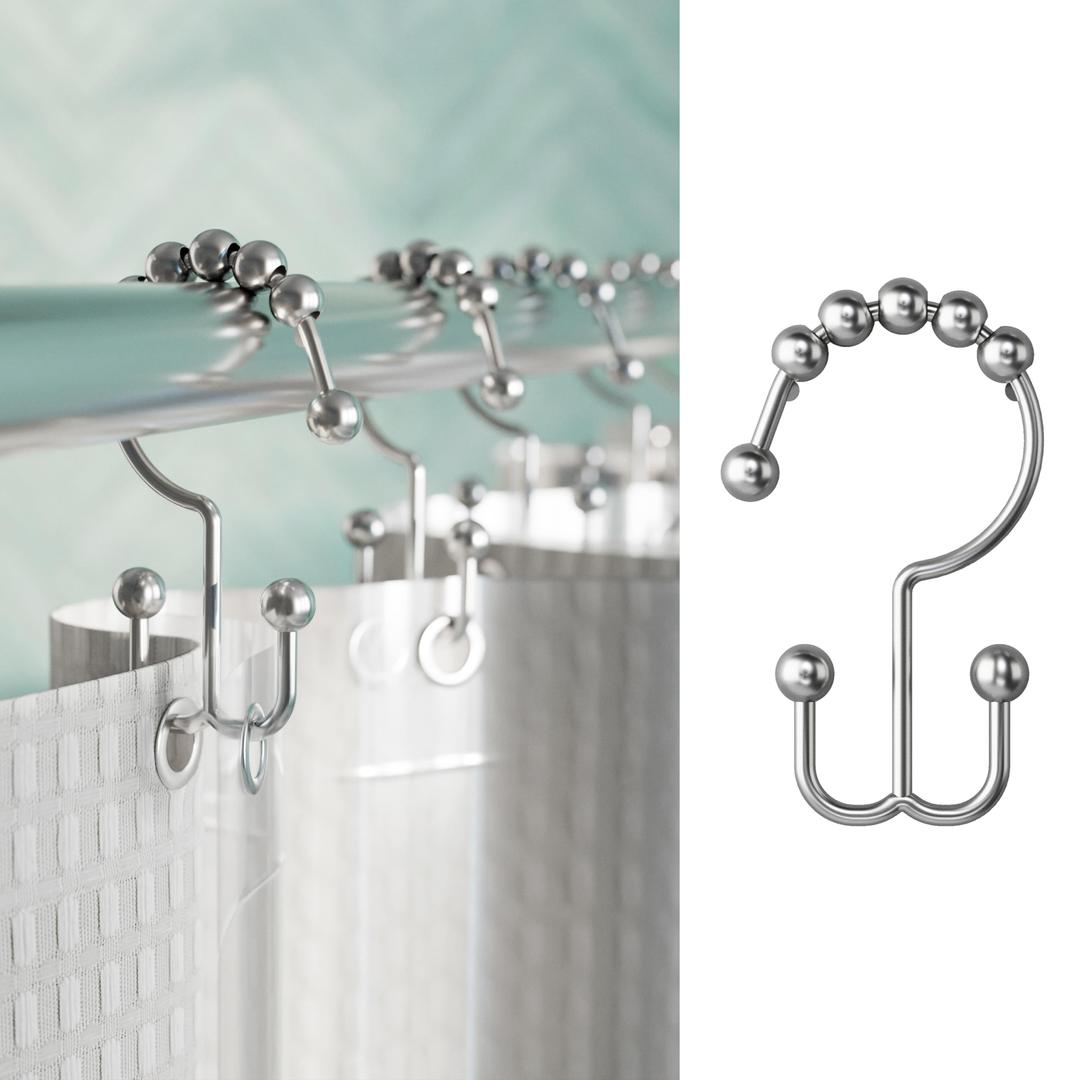 Maytex Shower Curtain Hooks, Shower Curtain Rings, Rust-Resistant Decorative Double Roller Glide Shower Hooks, Shower Rings for Bathroom Shower Rods, Curtains, Liners, Set of 12, Brushed Nickel