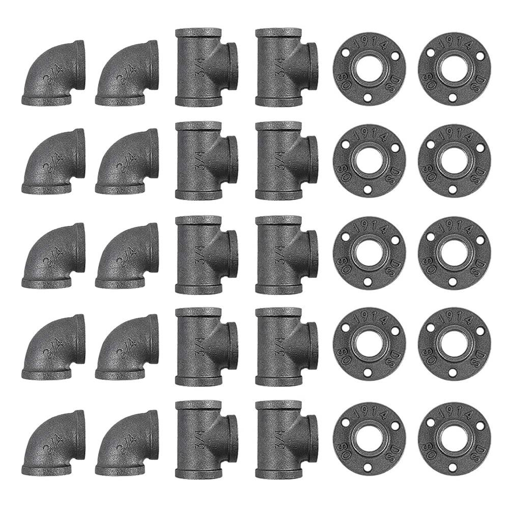 30 Pack 3/4 Inch Cast Iron Pipe Fittings (10 Elbows, 10 Tees, 10 Flange), DIY Steampunk Industrial Vintage Style.