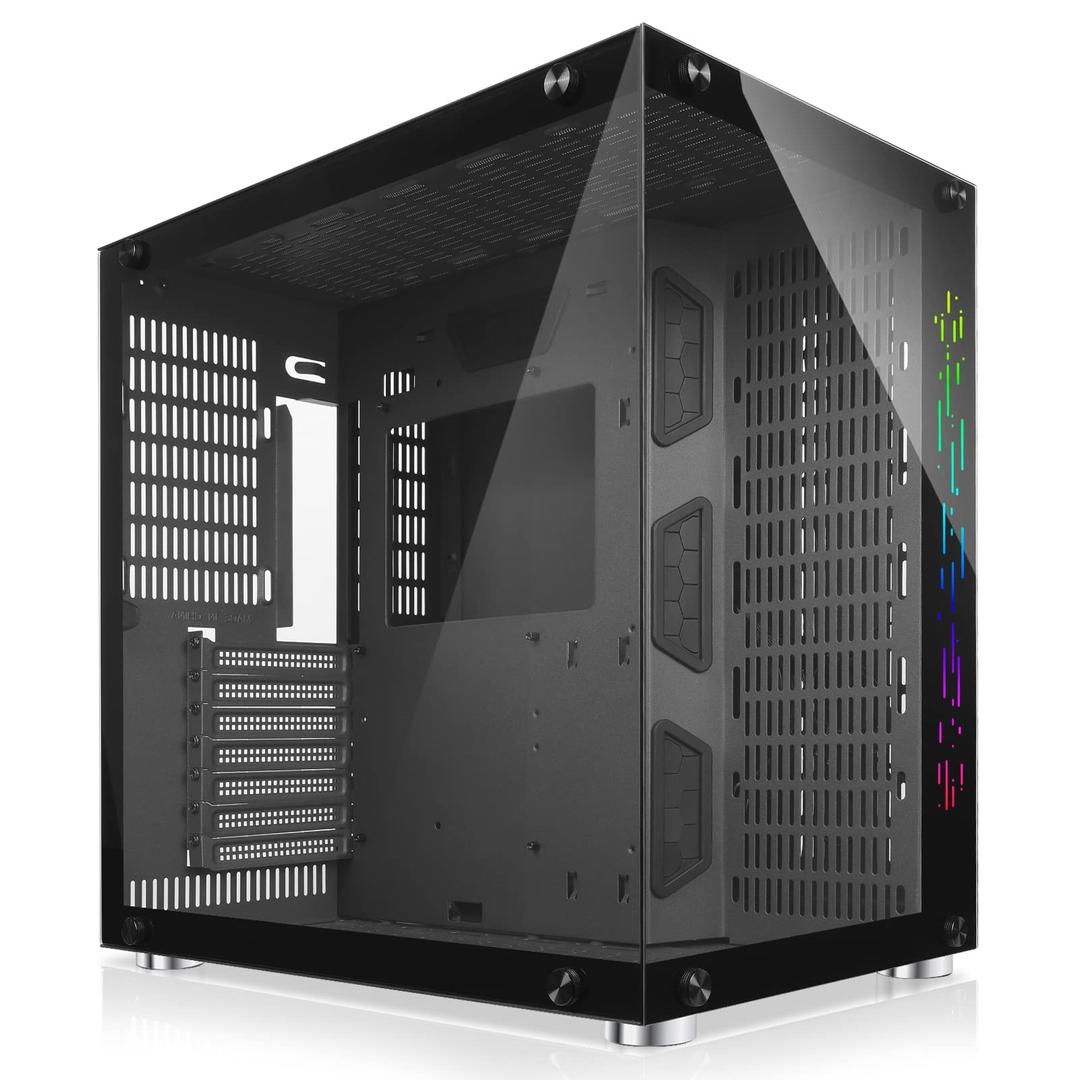 GIMATX Mid-Tower Case Black Gaming PC Case 2 Tempered Glass Panels & Front Panel RGB Strip Gaming Computer Case Desktop Case USB 3.0 I/O Port, Magnet Dust Filter, Water-Cooling Ready (Black)