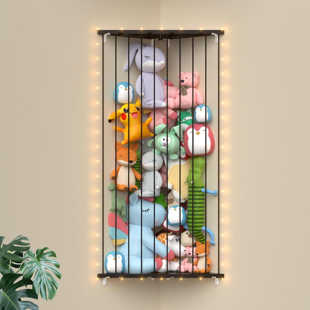 Corner Stuffed Animal Storage Toy Organizer - 2-in-1 Splice Large Stuffed Animals Holder with LED Light - Kids Plushies Toys Storage for Nursery Playroom Bedroom