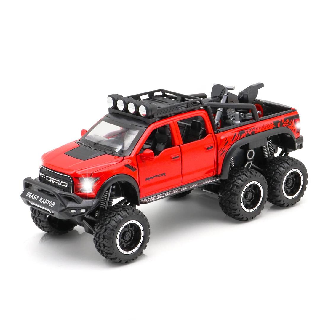 Ming You Monster Trucks for Boys - 1/24 Scale Die-Cast Metal Toy Car F150 with Sound and Light,Pickup Truck and Trailer Cars Toy Cars for 3+ Year Old Boys (Red)