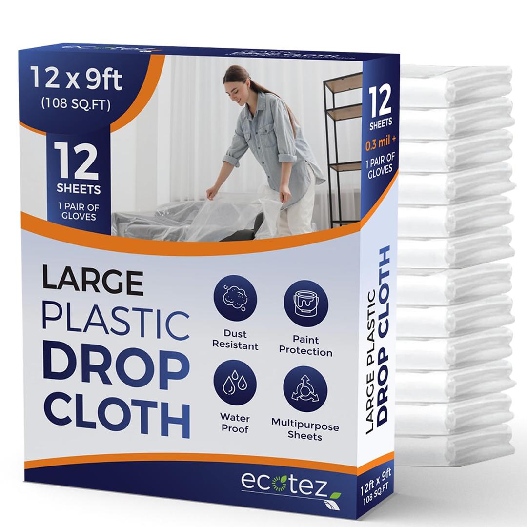 12 Pack 12 x 9 ft Extra Large Painter’s Plastic Drop Cloth Painting Sheet-Light & Durable Dust Cover-Clear Plastic Sheet-Plastic Sheeting-Plastic Cover-Paint Drop Cloth- Plastic Floor Protector