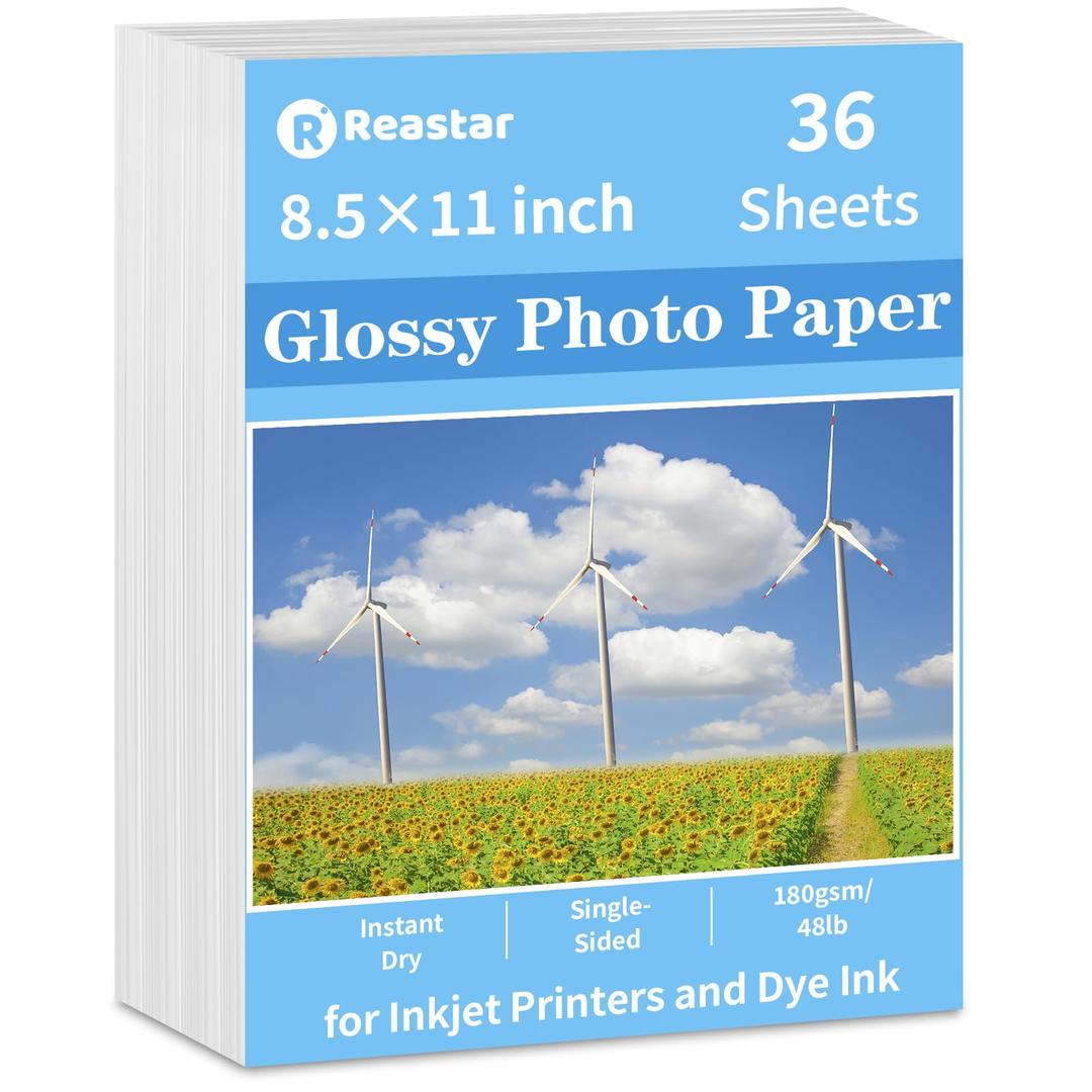 Glossy Photo Paper 8.5 x 11, 36 Sheets Inkjet Photo Printer Paper, Instant Dry Picture Paper for DIY Chip Bag, Flyers, Cards, Calendars and Brochures(180gsm/48lb)