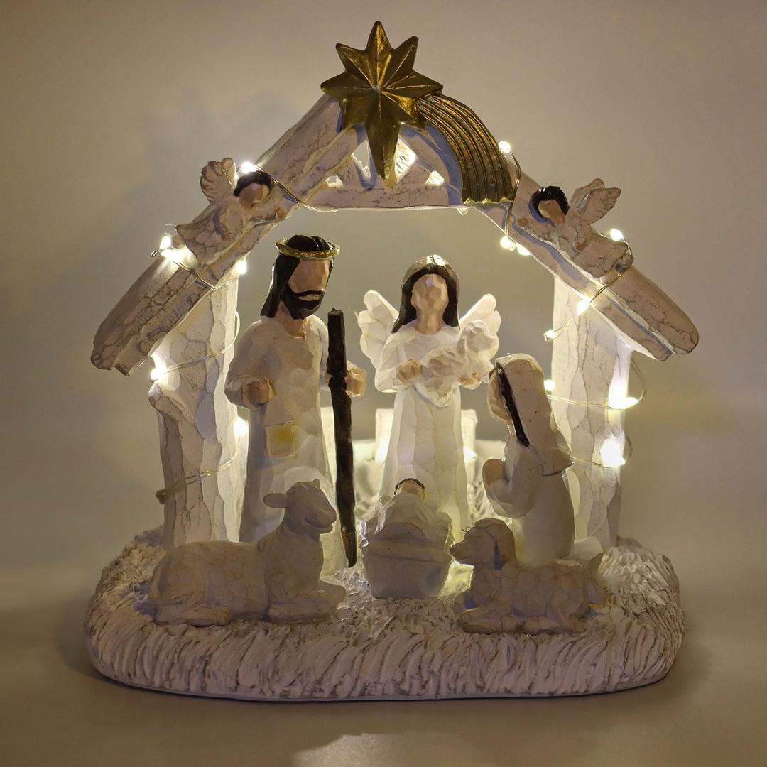 Nativity Set-Nativity Sets & Figures with Manger, Nativity Scene Indoor, Nativity with LED Lights, Christmas Nativity Set, Nativity Scene Set-Christmas Decorations Indoor