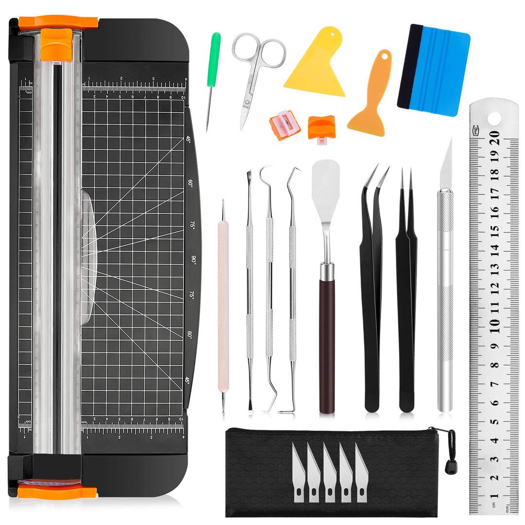 Famomatk 23PCS Weeding Tools for Vinyl, Craft Weeding Tools Set with 12Inch Paper Cutter and Trimmer for Scrapbooking,Silhouettes,Cameos,Lettering,Cutting,Craft Paper, Labels and Cardstock(Black)