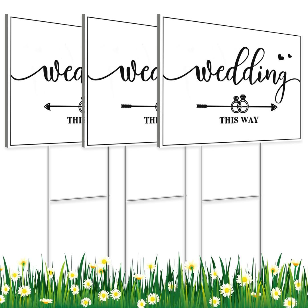 3 Packs Wedding Direction Arrow Signs with H Stakes, Wedding This Way Plastic Signs Double-Sided Printed Arrows Wedding Signs, Waterproof Wedding Directional Arrow Lawn/Yard Signs Decorations