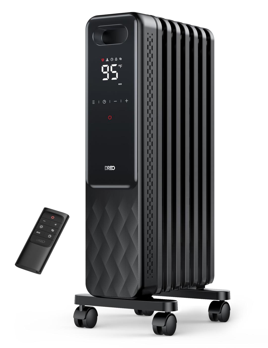 DreoOil Filled Radiator, Electric Radiant Heaters for indoor use Large Room with Remote Control, Child Lock, 4 Modes, Overheat & Tip-Over Protection, 24h Timer, Digital Thermostat, Quiet, 1500W