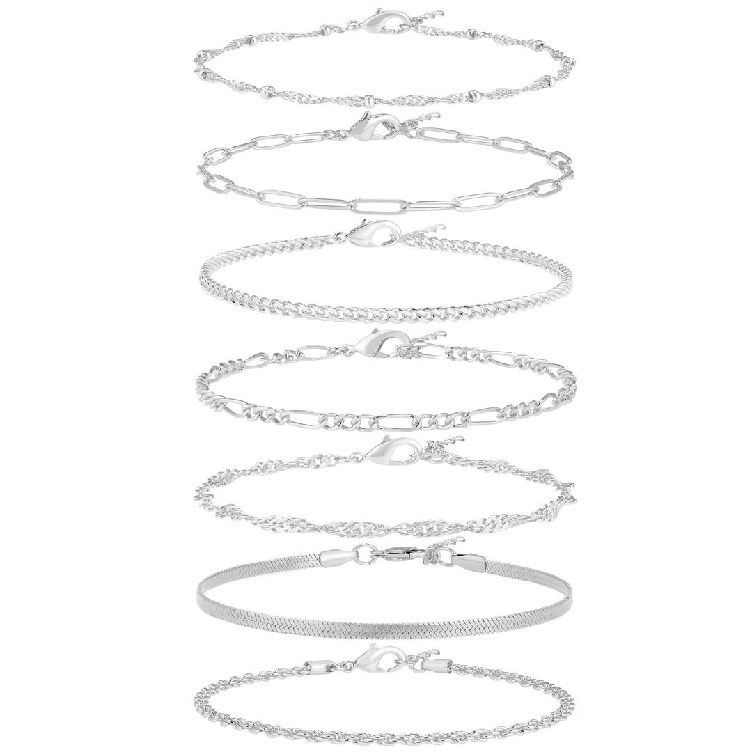 ReoxvoDainty Bracelets for Women Trendy, Sterling Silver Plated Brass Link Chain Charm Bracelet Set for Women Stack 14K Gold Plated Brass Link Bracelets Jewelry for Women