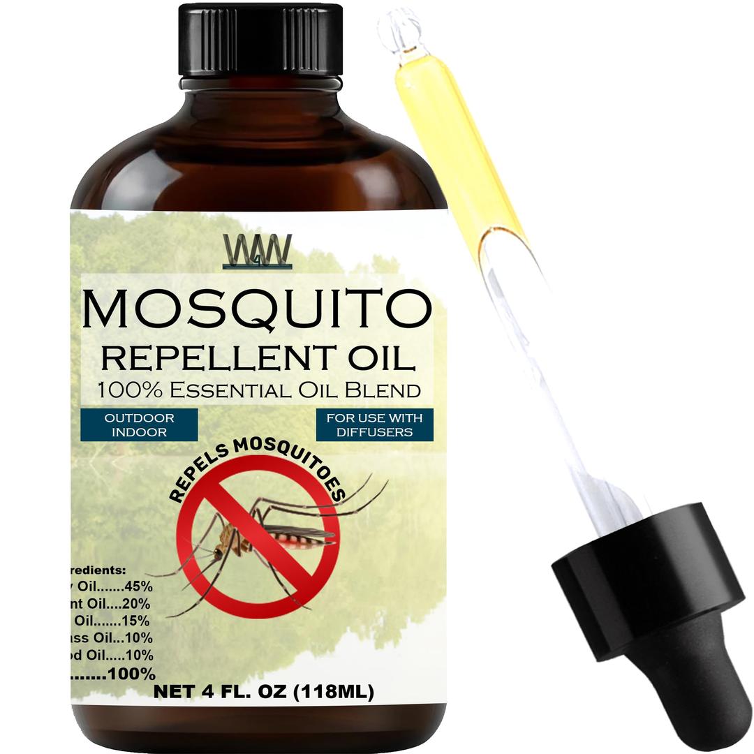 W4WMosquito Oil - 100% Essential Oil Blend - 4 Oz - Mosquitoes, Gnats & Other Flying Insects - for use with Diffusers, Sprays, Lotions, & Soaps - 4 Ounce Dropper Bottle