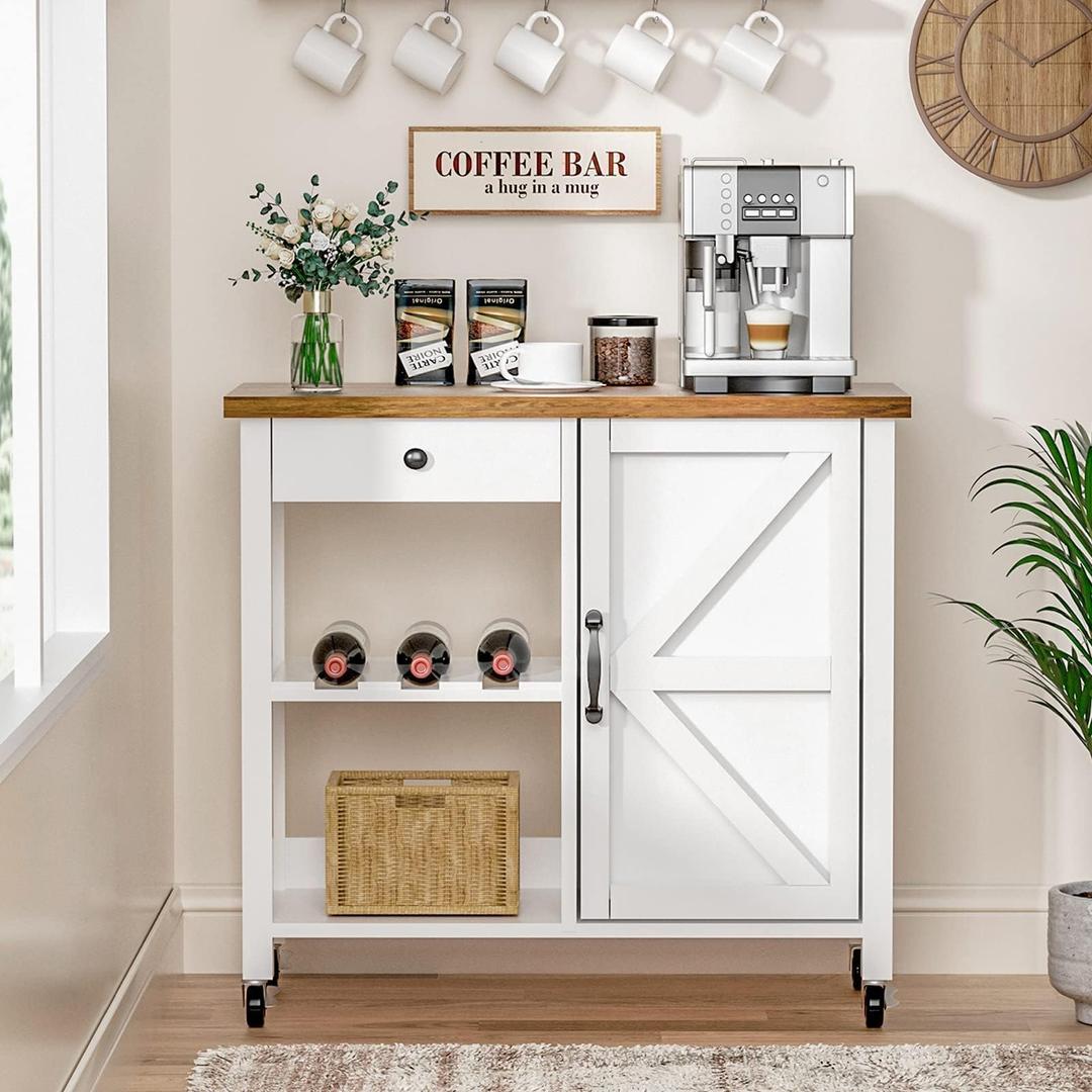 4 EVER WINNER Kitchen Cart with Storage, Coffee Cart with Drawer Wine Rack, Farmhouse Microwave Cart with Storage and Adjustable Shelf, Kitchen Island Cart for Kitchen, Living Dining Room, White