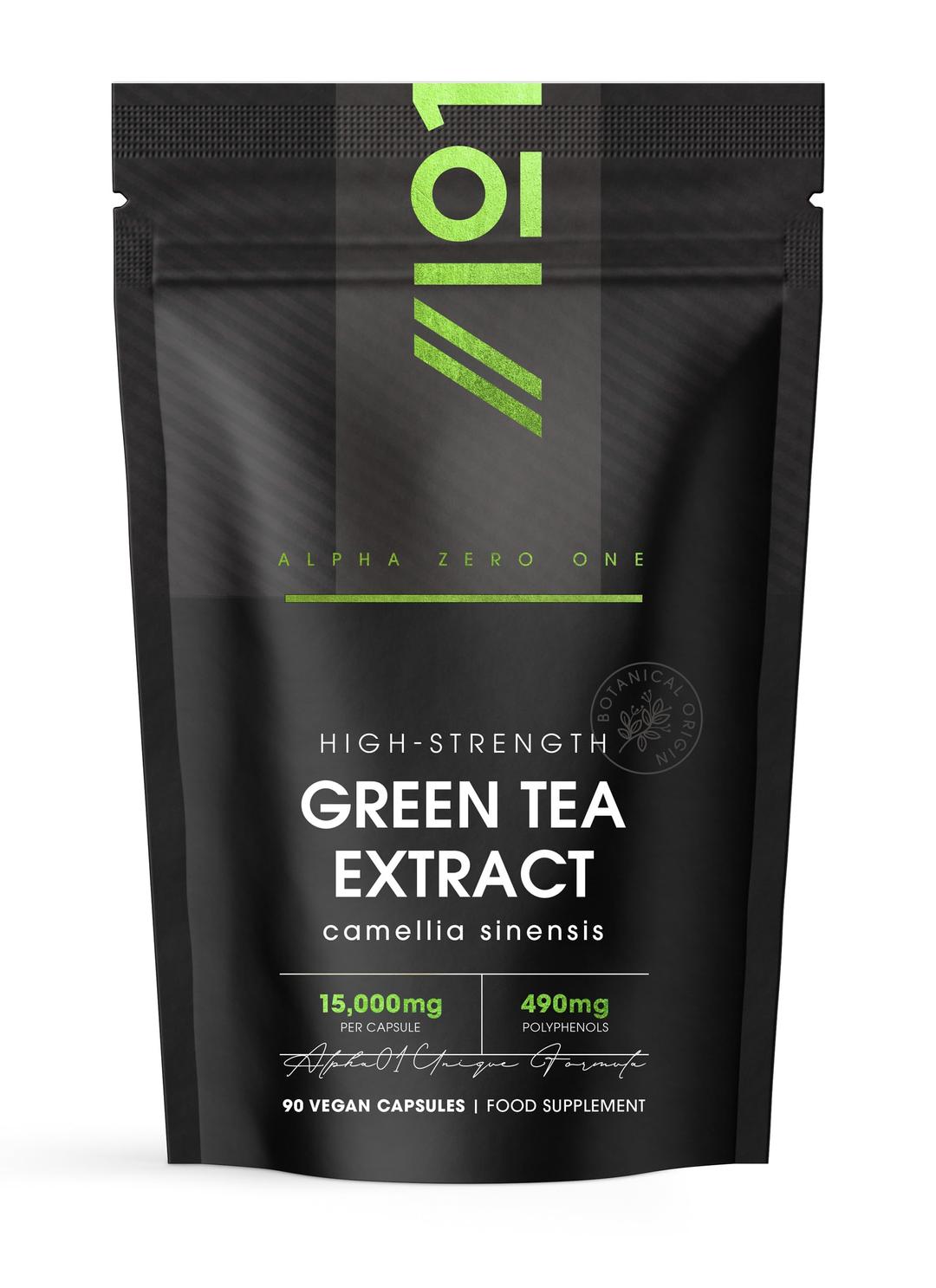 Green Tea Extract 15,000mg - High Strength 95% Polyphenols (490mg per Capsule) - 90 Vegan Capsules (3 Months Supply) - Resealable and Recyclable Pouch - by Alpha01