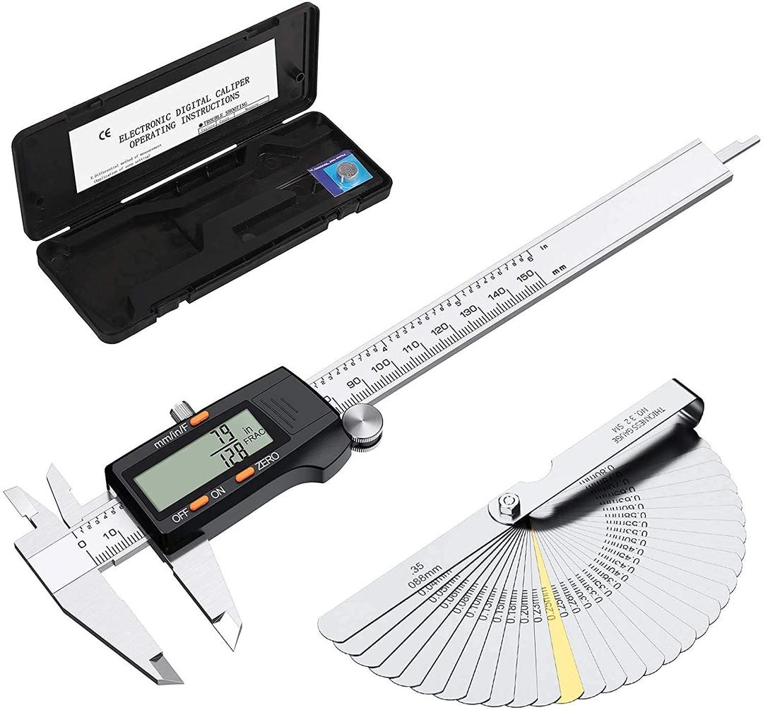 Digital Vernier Caliper,eSynic 150mm Professional Digital Caliper 6 inch Stainless Steel Vernier Caliper LCD Vernier Gauge Supports Fractions/Inch/Metric Conversion and with Feeler Gauge For Measuring