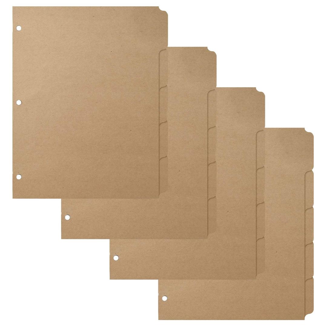 3 Ring Binder Dividers with 5-Tabs for Letter Size, 1/5 Cut, 3-Hole Punched, Blank Kraft Paper Index Dividers 8.5” x 11” for Extra Durable for College, Adults