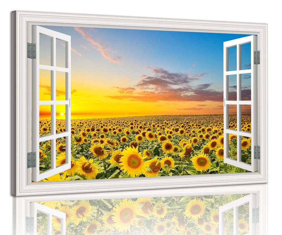 Sunflower Wall Art Decor for Living Room Window Style Sunset Canvas Picture for Bedroom Realism Yellow Flowers Filed Artwork for Bathroom Nature Landscape Prints Paintings for Kitchen Home Office