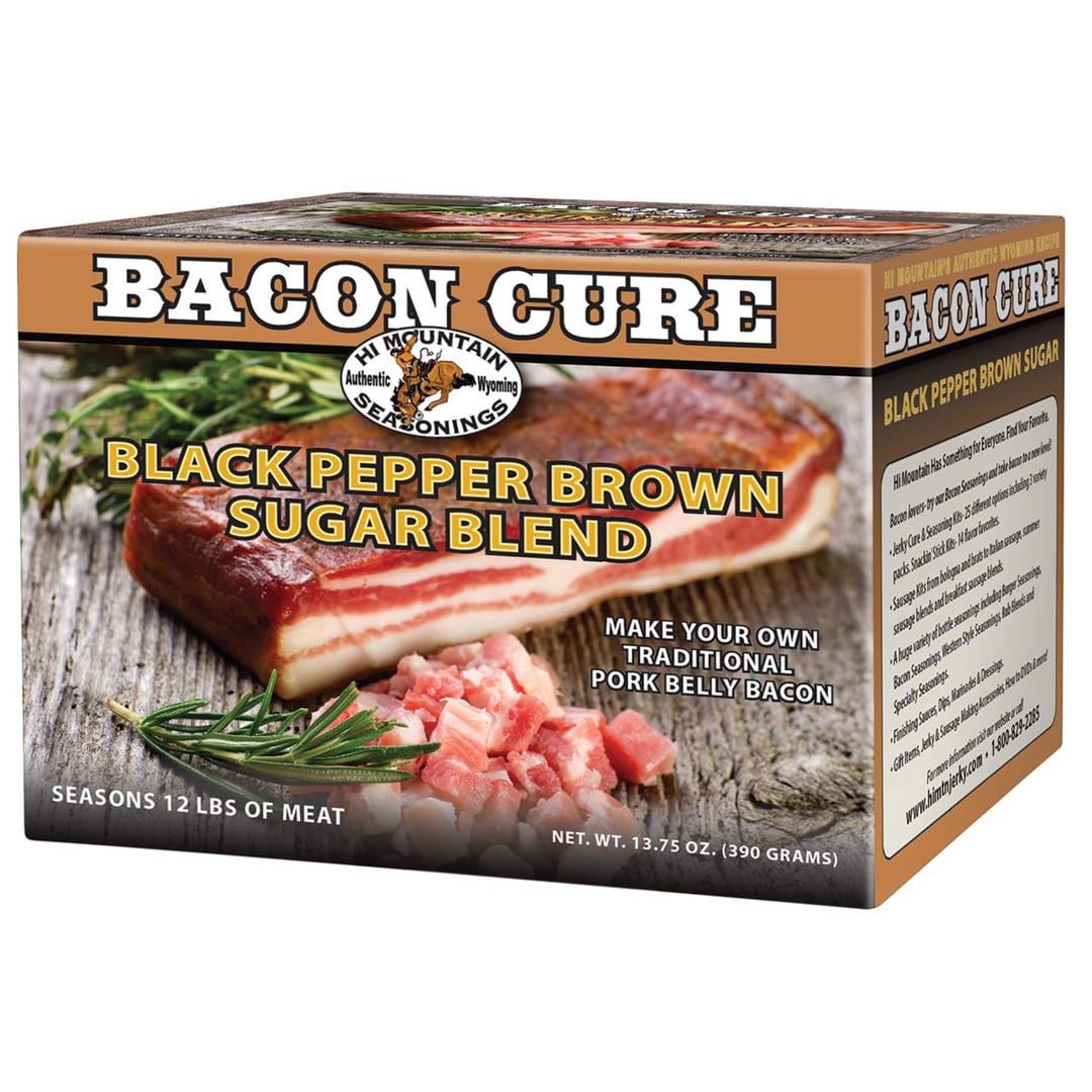 Hi MountainSeasonings Bacon Cure Seasoning Kit | BLACK PEPPER & BROWN SUGAR BLEND | Pork, Deer, & Venison Bacon Seasoning and Cure Kit | Make Delicious Homemade Bacon | Cures up to 25 lbs. of Meat