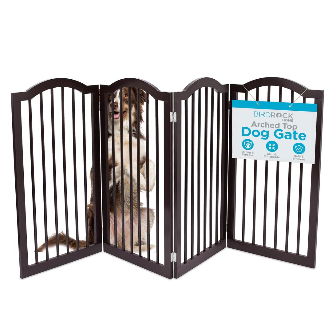 INTERNET'S BEST Arched Top Dog Gate | 4 Panel, 36" H Wooden Pet Barrier for Dogs or Cats | Freestanding Folding Room Divider for Doorways, Hallways, Stairs, and Porch | Portable, Extra Wide | Espresso