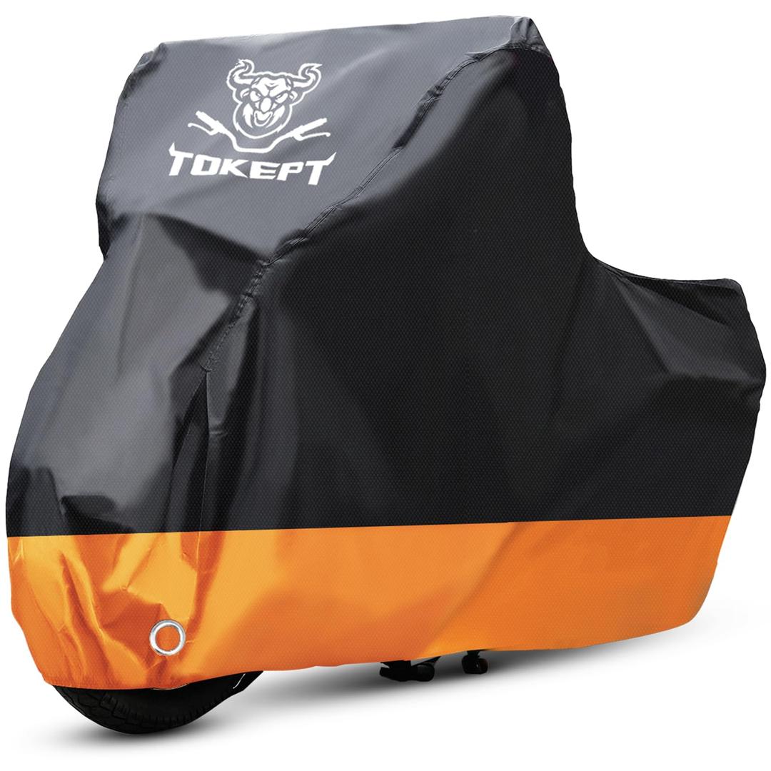 Motorcycle Cover, All-Season Waterproof Outdoor Sun Protection Fit up to 116 Inch Harley-Davidson Honda Suzuki Kawasaki Yamaha (XXXL Black&Orange)