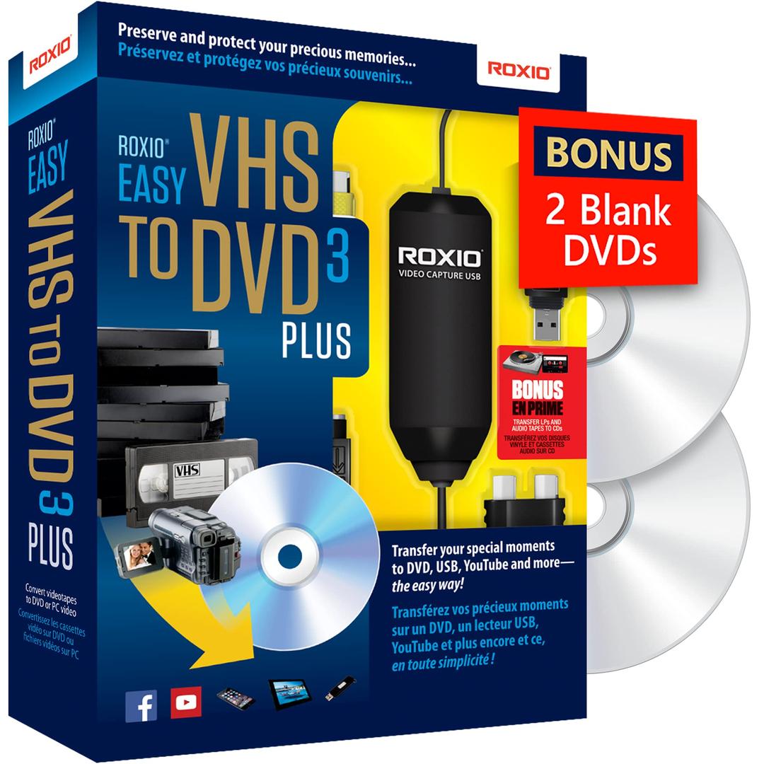 Roxio Easy VHS to DVD 3 Plus | VHS, Hi8, V8 Video to DVD or Digital Converter | Amazon Exclusive 2 Bonus DVDs [Windows Disc]