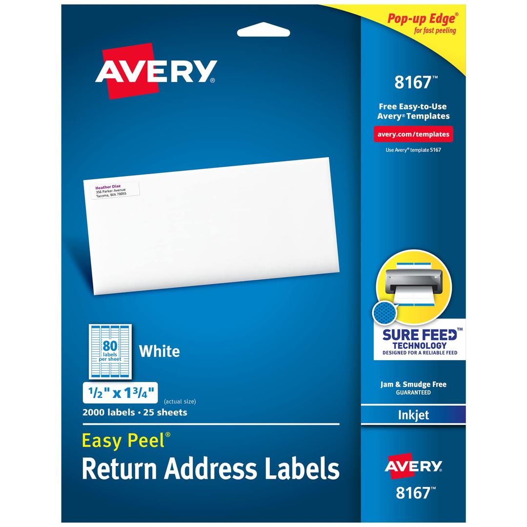 AVERYEasy Peel® White Inkjet Address Labels, Return, 8167, 1/2" x 1 3/4", Box Of 2,000