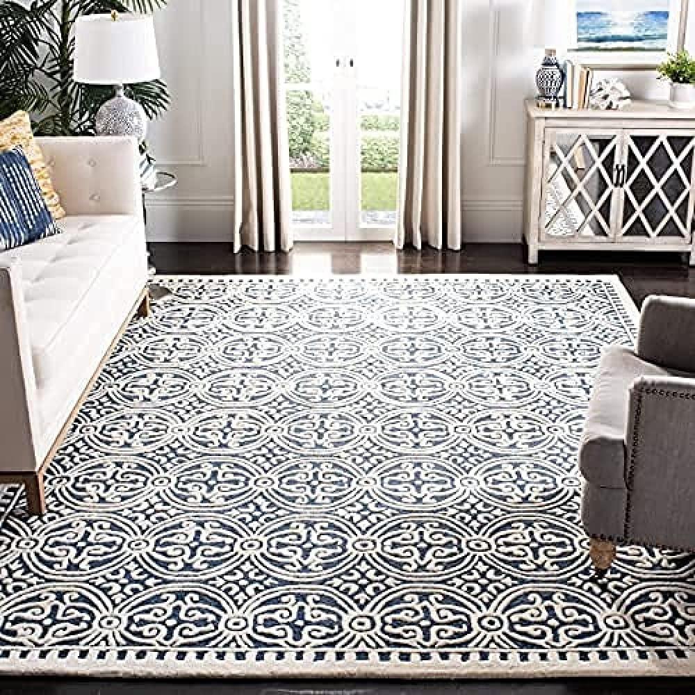 SAFAVIEH Cambridge Collection Area Rug - 8' x 10', Navy Blue & Ivory, Handmade Moroccan Wool, Ideal for High Traffic Areas in Living Room, Bedroom (CAM123G)