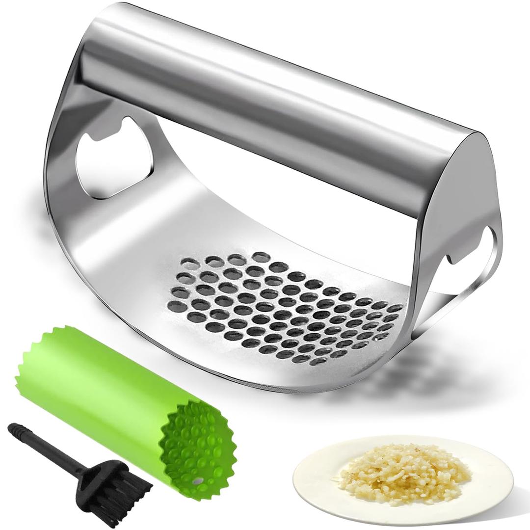 Garlic Press Rocker Set Bottle Opener Heavy Duty Stainless Steel Garlic Mincer Crusher Professional Kitchen Gadgets Garlic Chopper Silicone Peeler And Cleaning Brush