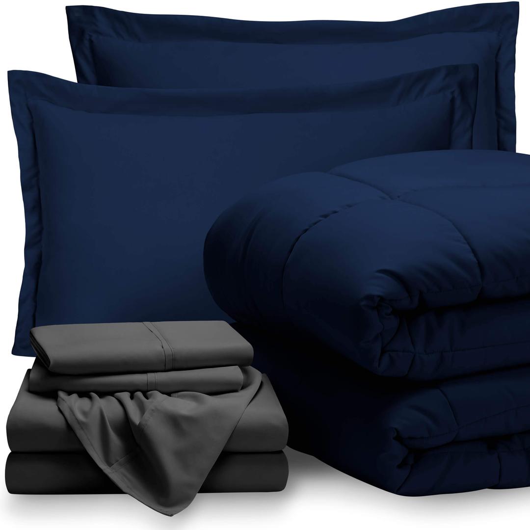 Bare Home Bed-in-A-Bag 7 Piece Comforter & Sheet Set - Full XL - Goose Down Alternative - Ultra-Soft 1800 Premium Bedding Set (Full XL, Dark Blue/Grey)