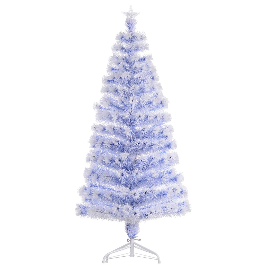 HOMCOM Pre-Lit Douglas Fir Artificial Christmas Tree with 180 Tips, 21 Fiber Optic Lights, 5' Tall, White/Blue