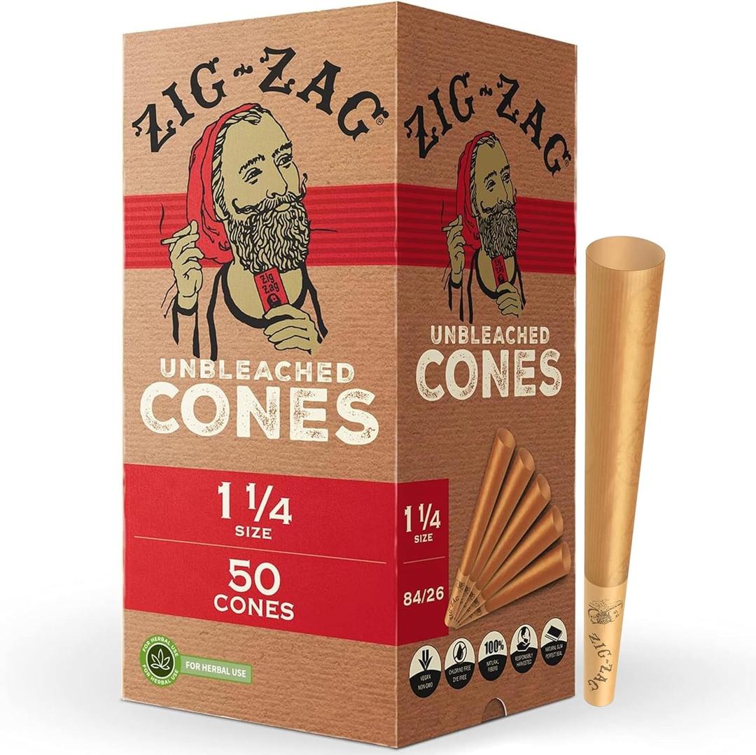 ZIG-ZAG 1 ¼-Inch Pre-Rolled Cones - 50 Pack - Natural Unbleached Rolling Papers - Easy to Use & Convenient Bulk Pack