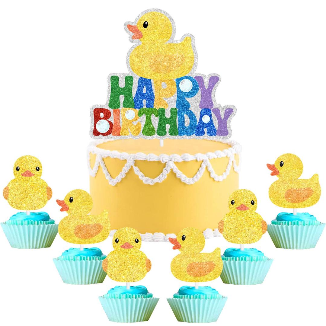 7 PCS Little Yellow Duck Theme Cake Topper Set - Perfect for Duck Theme Birthday Party for Boys or Girls, or Cute Duck Theme Baby Shower Party Cake Decoration-SugarGera