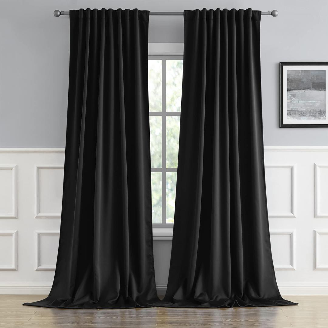 DUALIFE2 Pcs Blackout Extra Long Black Curtains/Drapes 132 Inch Length,Thermal Insulated Black Draperies for Loft,(Black, 2 Panels,52" W x 132''L)