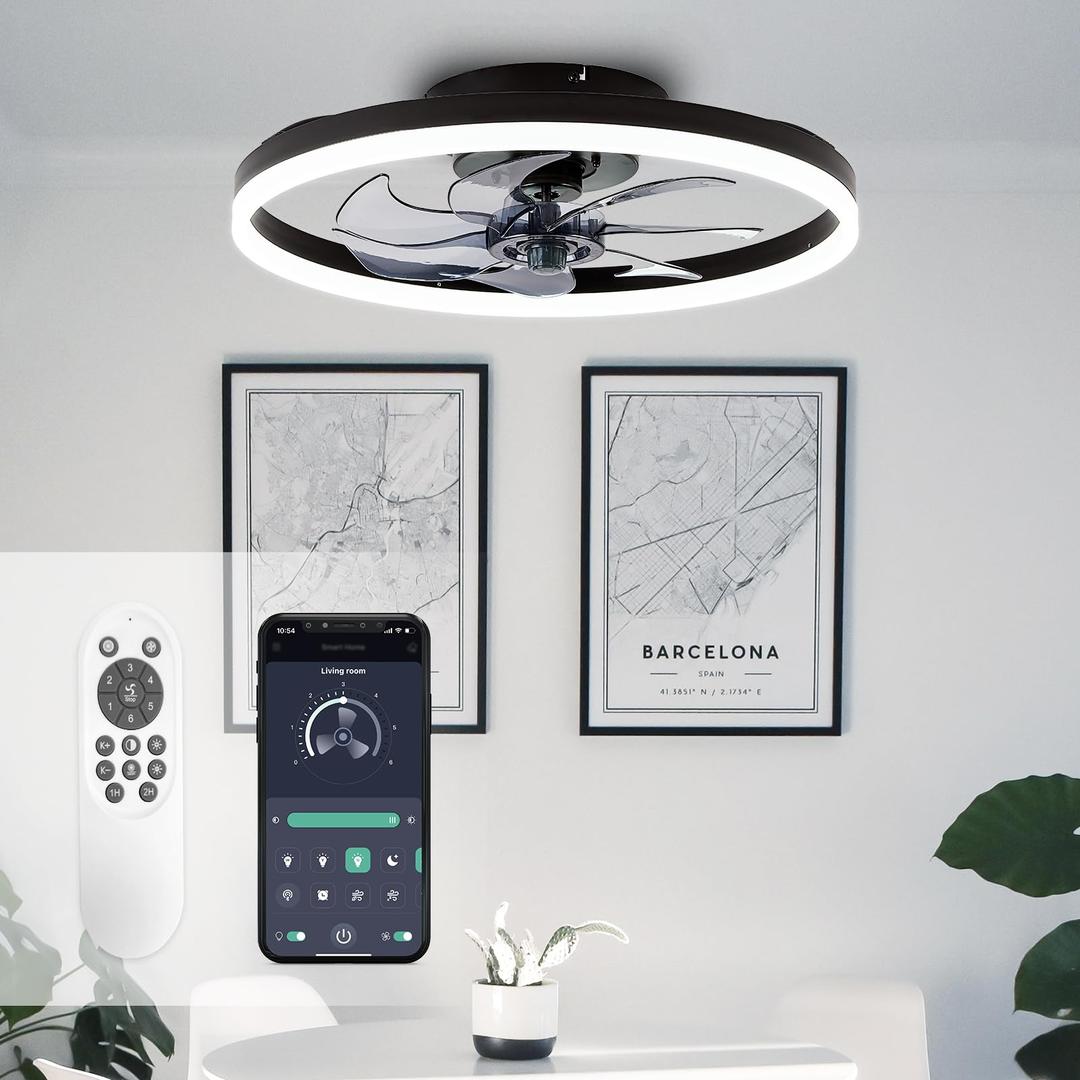 STERREN20'' Modern Low Profile Ceiling Fan with Light, Bedroom LED Ceiling Fan with Remote Control, Bladeless Flush Mount Black Fan Lights Ceiling Fixtures for Living Room,Small Room