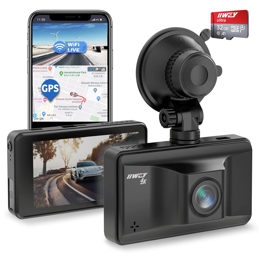 iiwey Dash Cam Front WiFi, 4K GPS Dash Cam with Speed Showing, Dash Camera for Cars Ultra HD 2160P@30fps with 3 Inch Touchscreen, Car Camera with SD Card, Night Vision, Motion Detection, Parking Mode