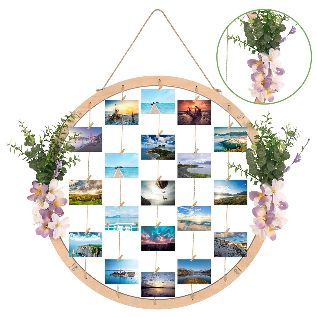 Large Round Wooden Picture Frames - 60CM/23.62" Artificial Flower/Eucalyptus Hanging Display Board Photo Frames Collage Wall Decor, for Spring Summer Mother's Day Grandma Christmas